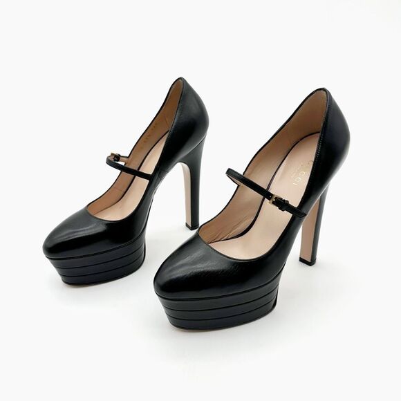 GUCCI Angel 95 Mary Jane Black Platform Heels Size 37.5 US 7.5 Leather Pumps - Picture 1 of 15